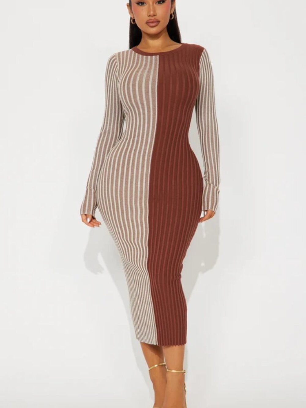 Sweater Midi Dress Brown Cream Combo Size L